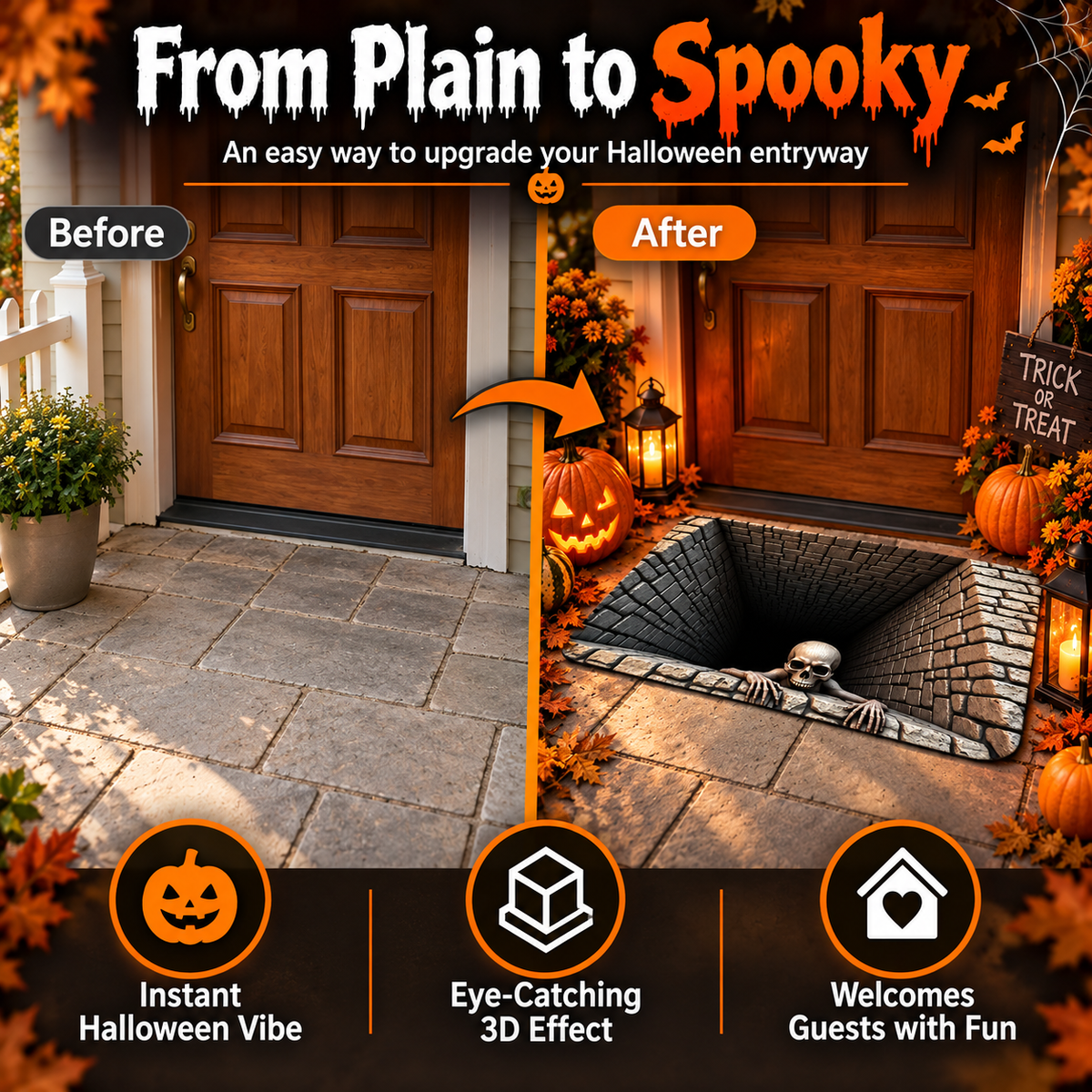Hot sales🔥Halloween Front Door Mat – Festive 3D Visual Skull（upsell）