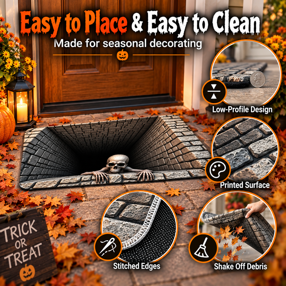 Hot sales🔥Halloween Front Door Mat – Festive 3D Visual Skull（upsell）